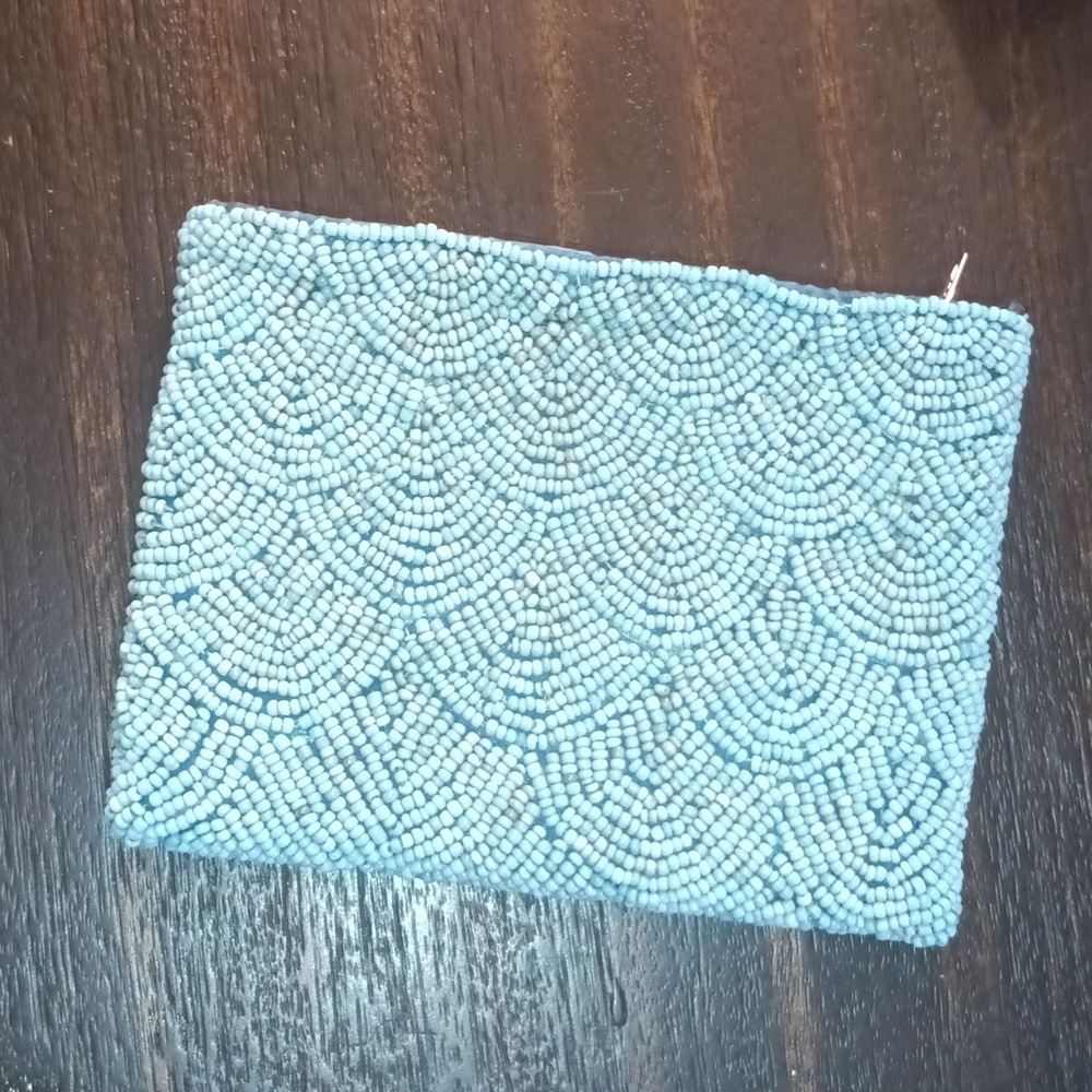 Vintage Turquoise Blue Hand Beaded Coin purse Scalloped Design Zip Top Closure